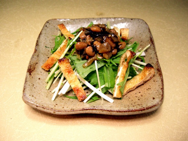 野沢菜水戸納豆と水菜・油揚げのサラダ